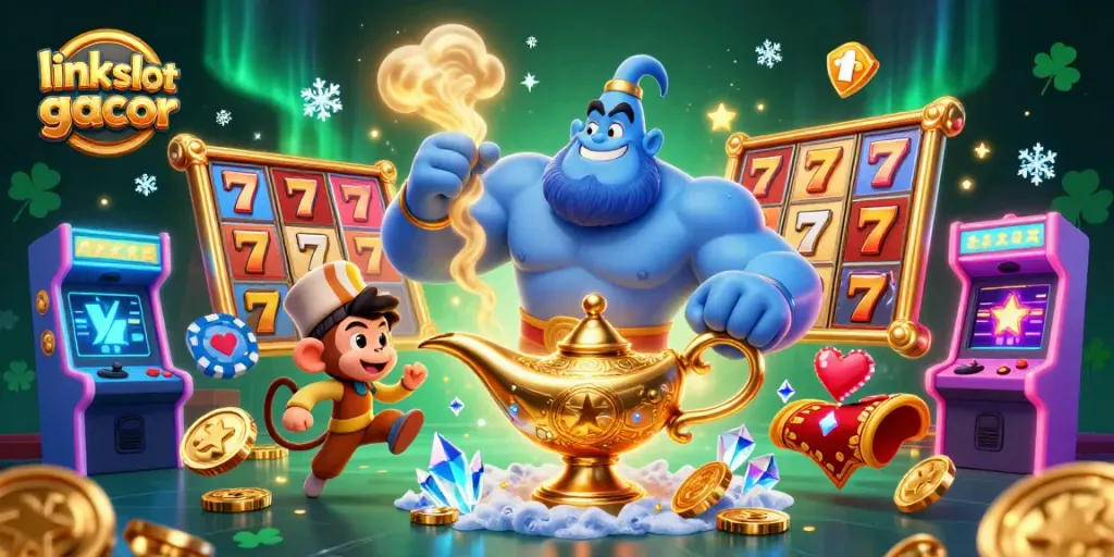 Experience the thrill of link slot gacor as a powerful genie emerges, surrounded by vibrant slot reels and golden casino elements.