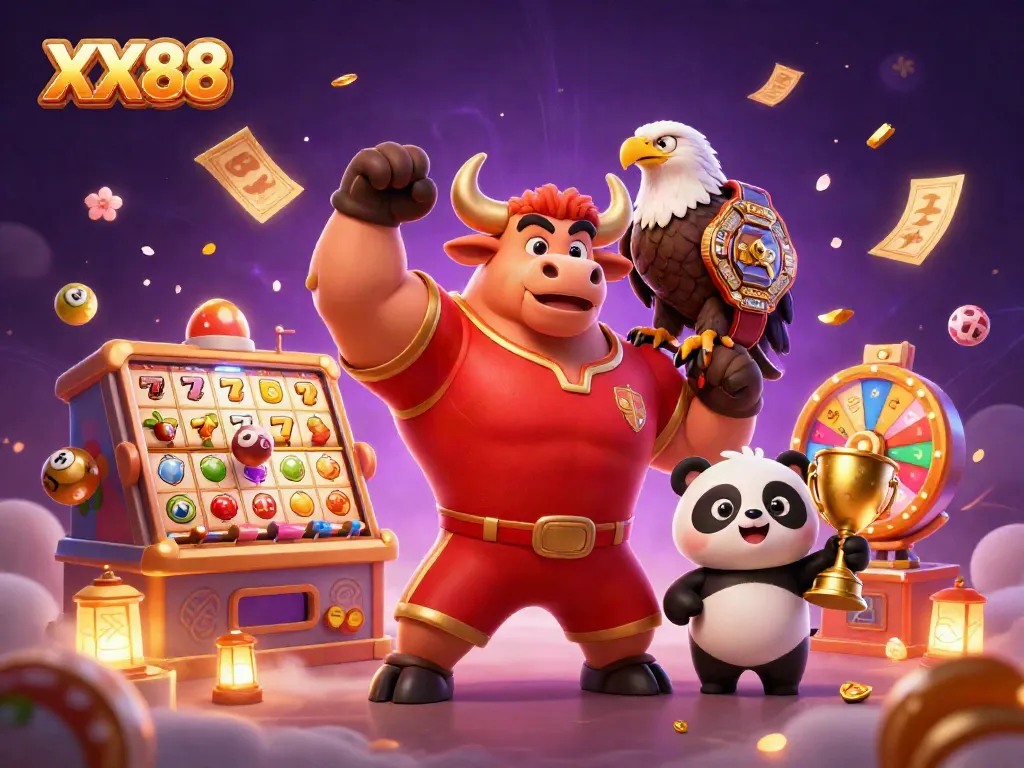 Celebrate wins with the vibrant characters of XX88 surrounded by slot reels and prizes in a carnival atmosphere.