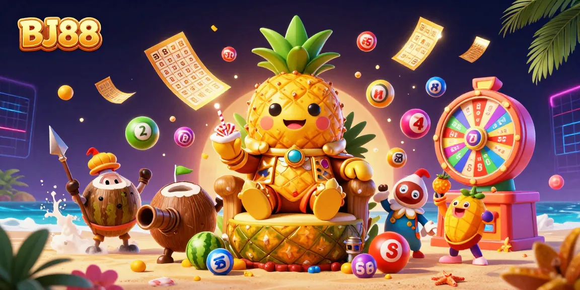 BJ88 Casino showcases an exciting tropical-themed online gaming scene with vibrant characters and colorful elements.