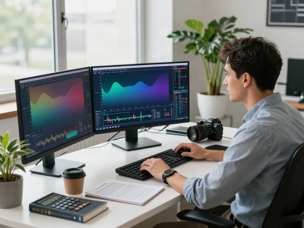 Focused trader using TradingView on multiple monitors in modern workspace