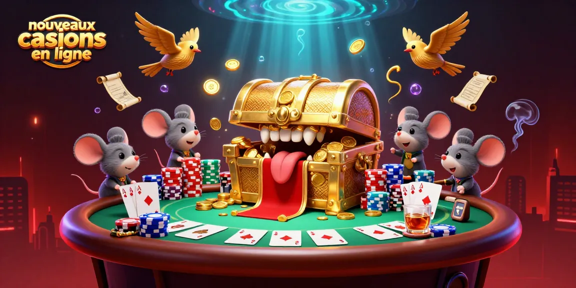 Visualisez les nouveaux casinos en ligne avec un coffre au trésor et des éléments de poker captivants.