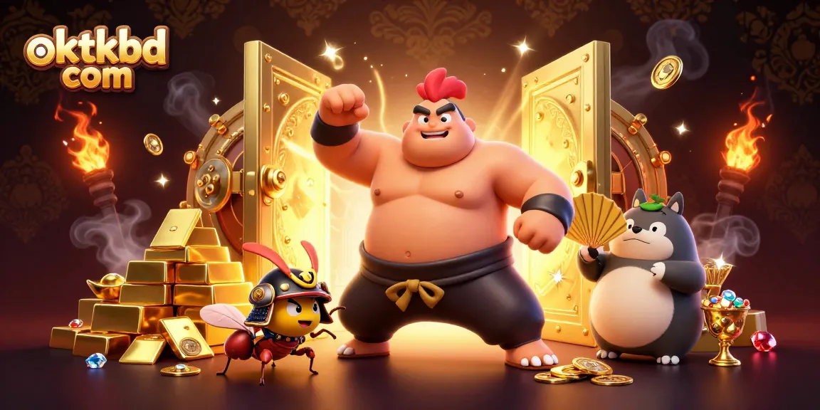 Experience thrilling betting fun with oktkbd com's vibrant 3D illustration of casino characters and treasures.
