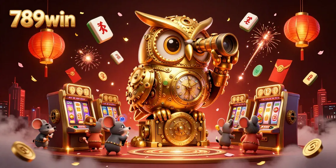 Win big at 789win with a thrilling 3D casino scene featuring a clockwork owl and vibrant game elements.