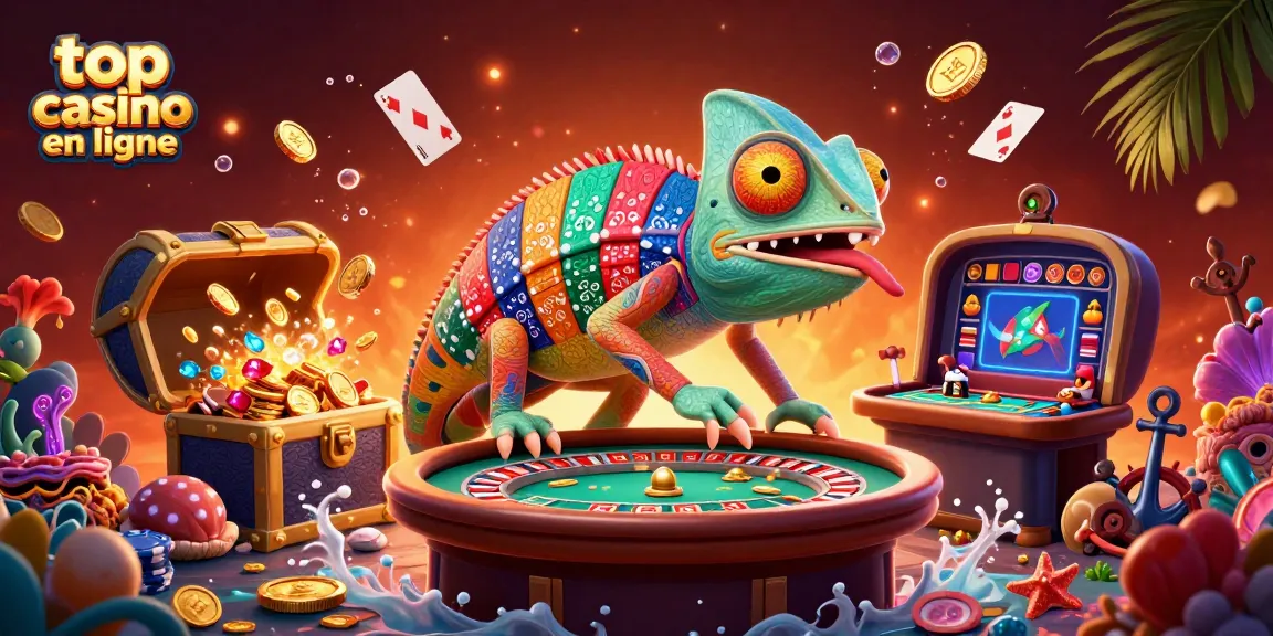 Illustration d'un caméléon propriétaire de casino, "top casino en ligne", entouré de jeux et pièces d'or.