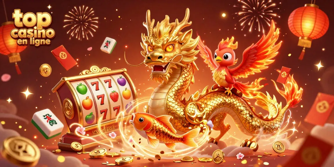 Jouez dans le meilleur casino en ligne avec un dragon chinois doré, un phoenix flamboyant et un poisson koi chanceux.