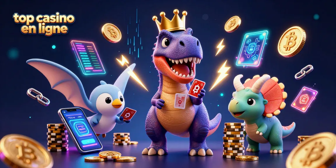 Découvrez le top casino en ligne avec un T-Rex jouant aux cartes, entouré de pièces de crypto-monnaies.