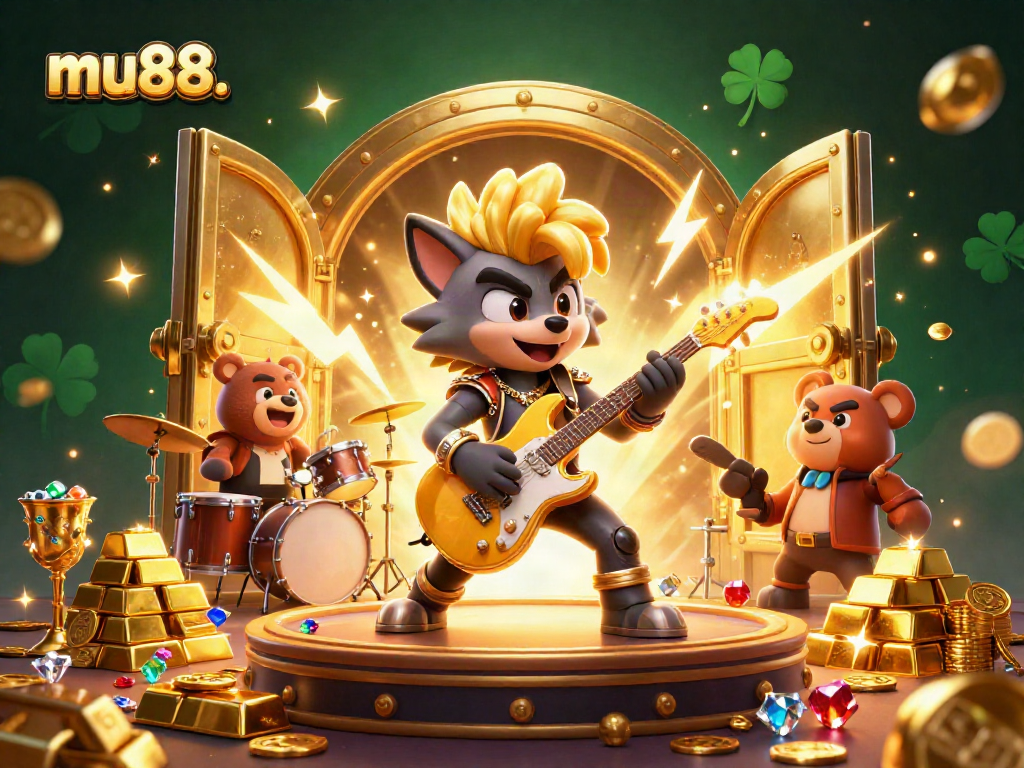 Experience the vibrant casino world with mu88. featuring a rock star wolf and wild bear.