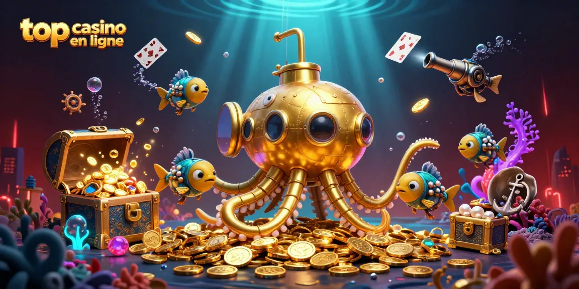 Jouez sur les meilleurs casinos en ligne avec une scène animée illustrant des poissons mécaniques et un kraken sous-marin.