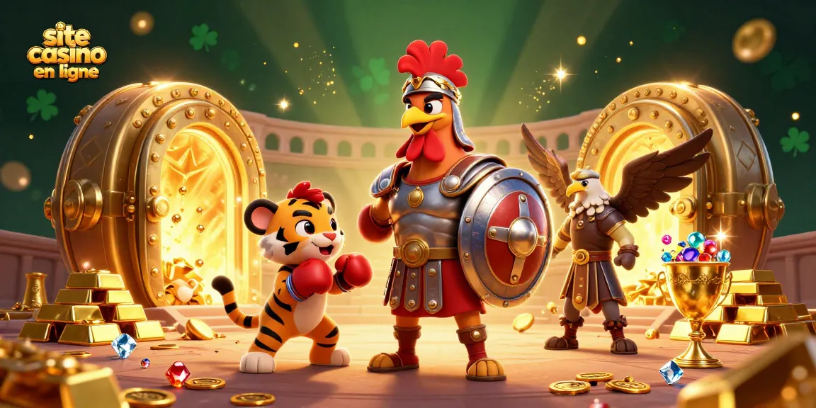 Visitez le site casino en ligne avec une illustration colorée de gladiateurs et de trésors d'or.
