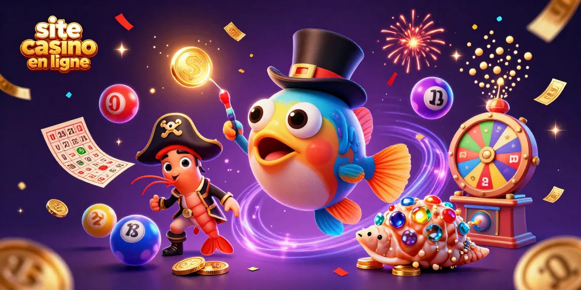 Des éléments d'un site casino en ligne, avec des personnages marins et des ballons de loterie colorés, créant une atmosphère ludique.