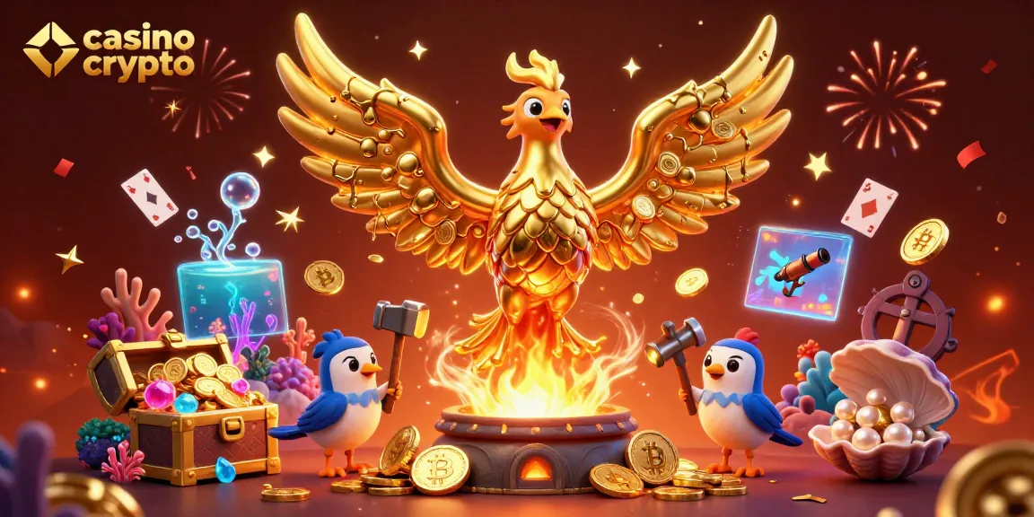 Plongez dans le monde du casino crypto avec cette illustration de phénix doré émergeant d'une forge, entouré de pièces et de cartes.