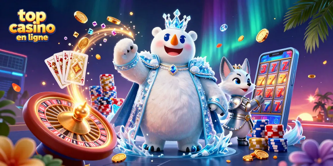 Jouer au top casino en ligne avec un roi des glaces et un renard dans un décor vibrant de jeux.