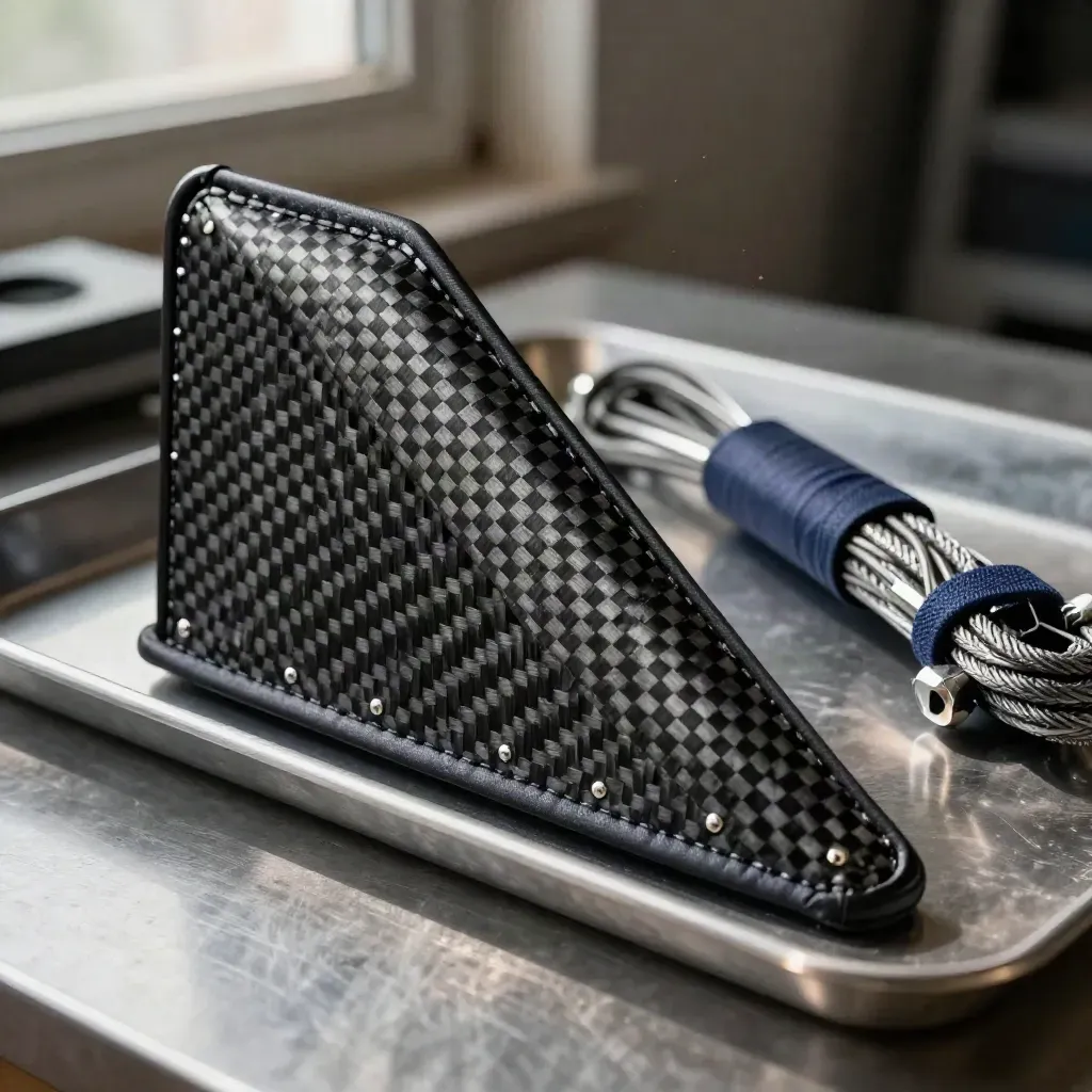 Carbon-fiber panel corner with titanium fasteners and loomed wiring on brushed metal.