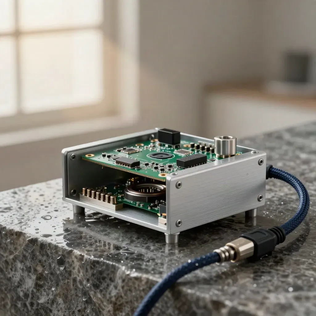 Embedded controller enclosure, PCB tray, braided cable, gasket ring and standoffs on wet stone in rain mist