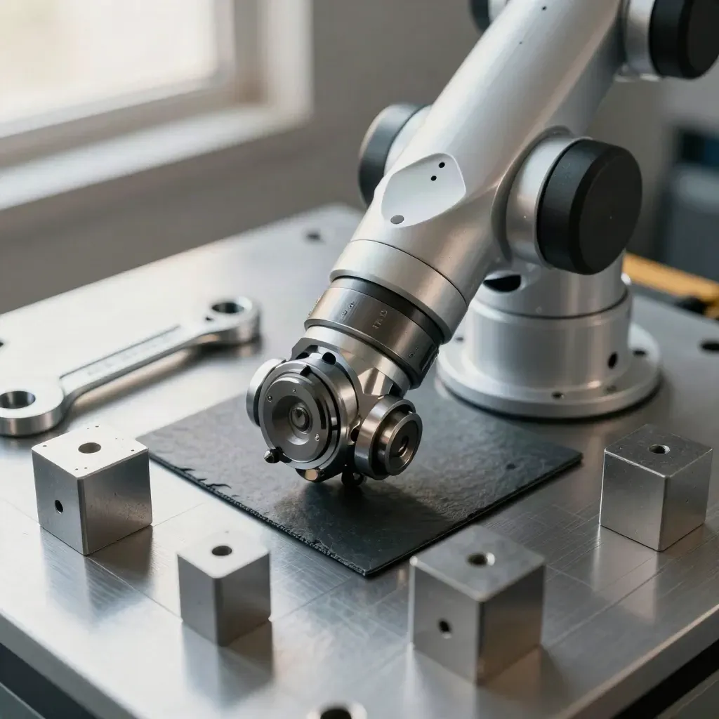 Robotic wrist joint, torque wrench, and fixture blocks on brushed aluminum, top-down macro.