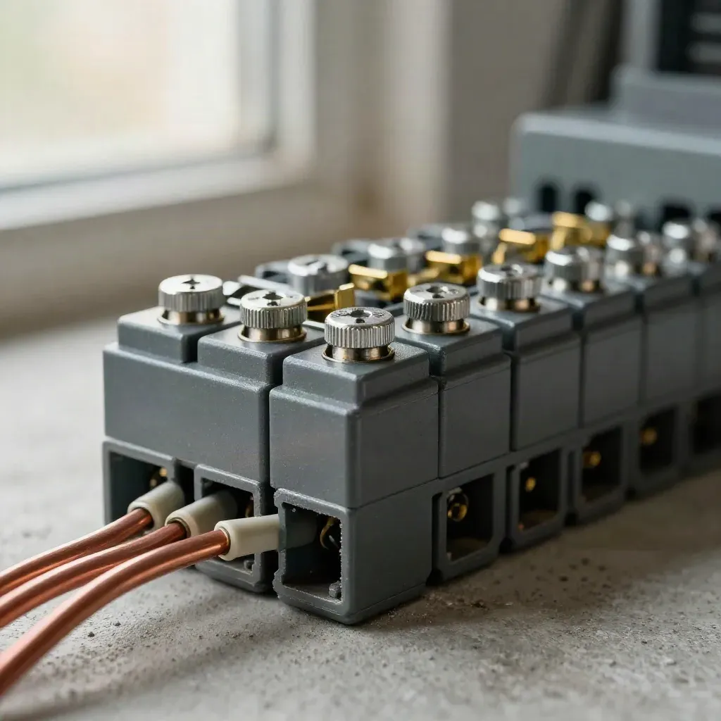 Macro of terminal blocks, ferrules and set screws on concrete in soft side light.