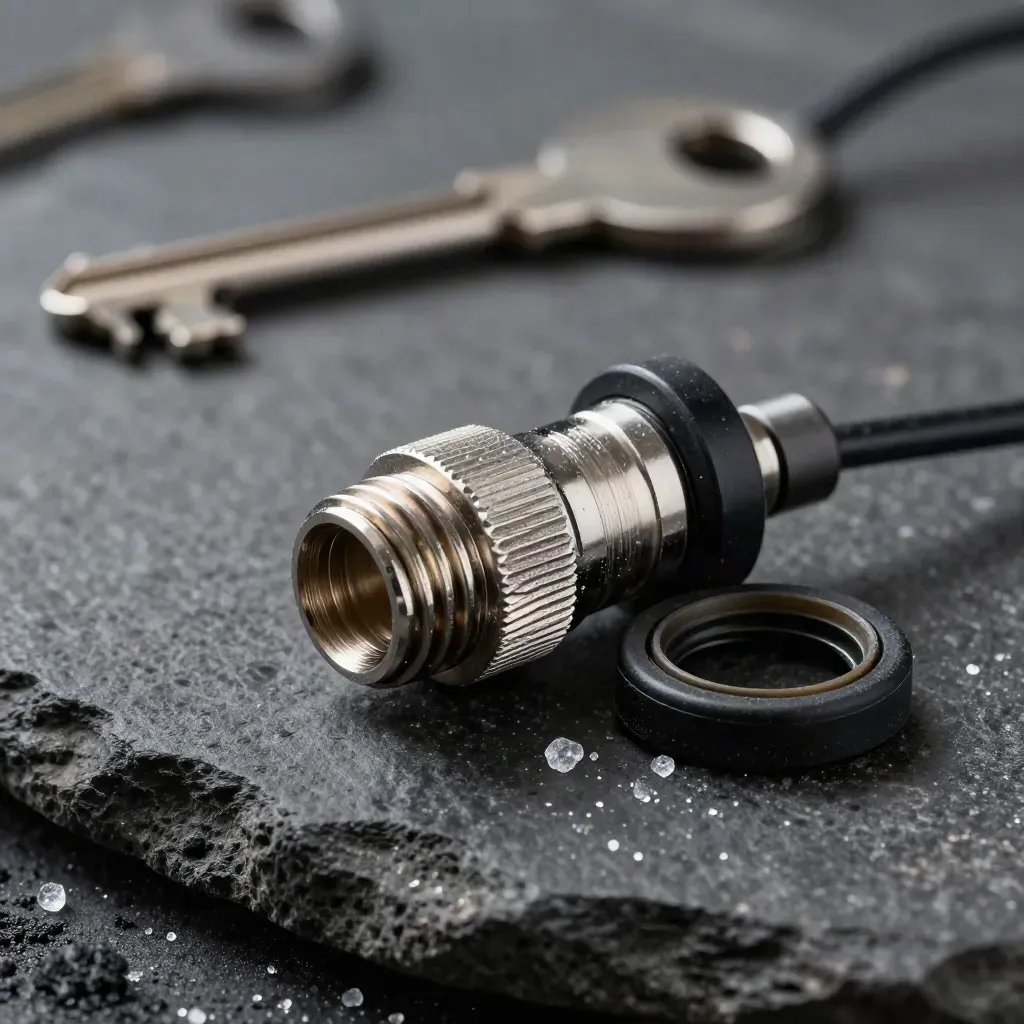 Waterproof connector, cable gland, and worn gasket on dark stone with sea spray residue