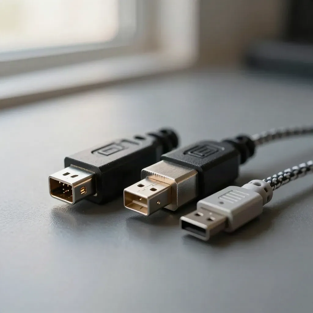 PCB edge connectors and a braided USB bridge lead poised on matte graphite.