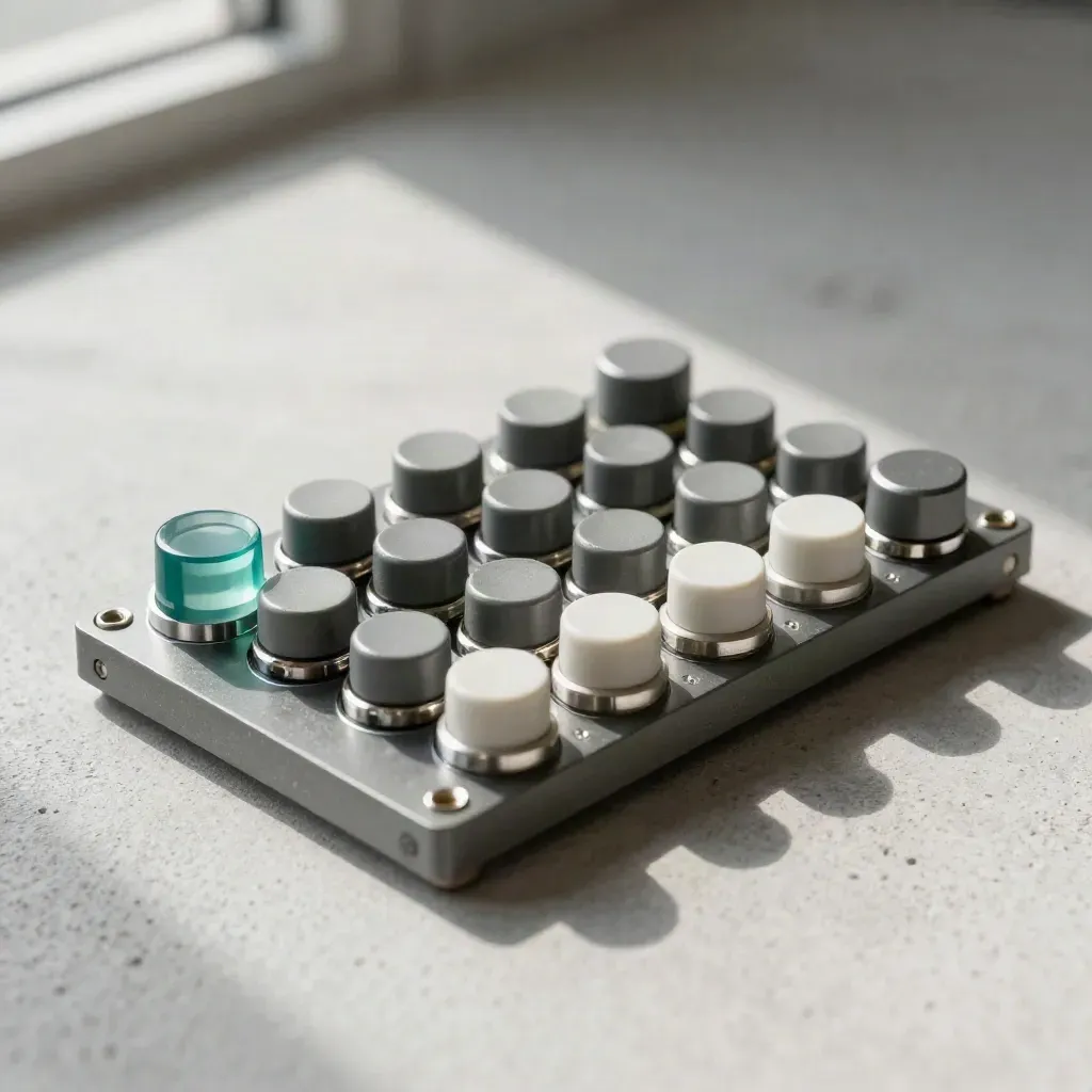 Top-down switch sample bank with teal cap inserts on pale concrete, lit dramatically