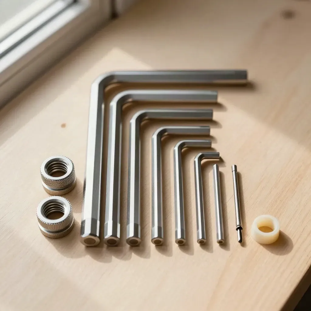 Installation kit of hex keys, cable glands, and a terminal screwdriver on pale wood.