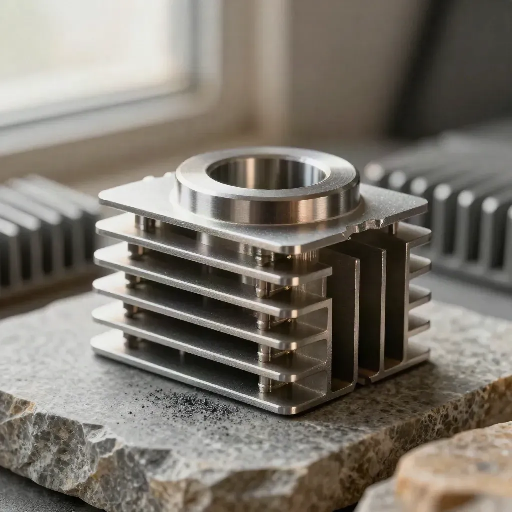 Macro still life of nested spacers, shim plates and a compact heat sink on stone.