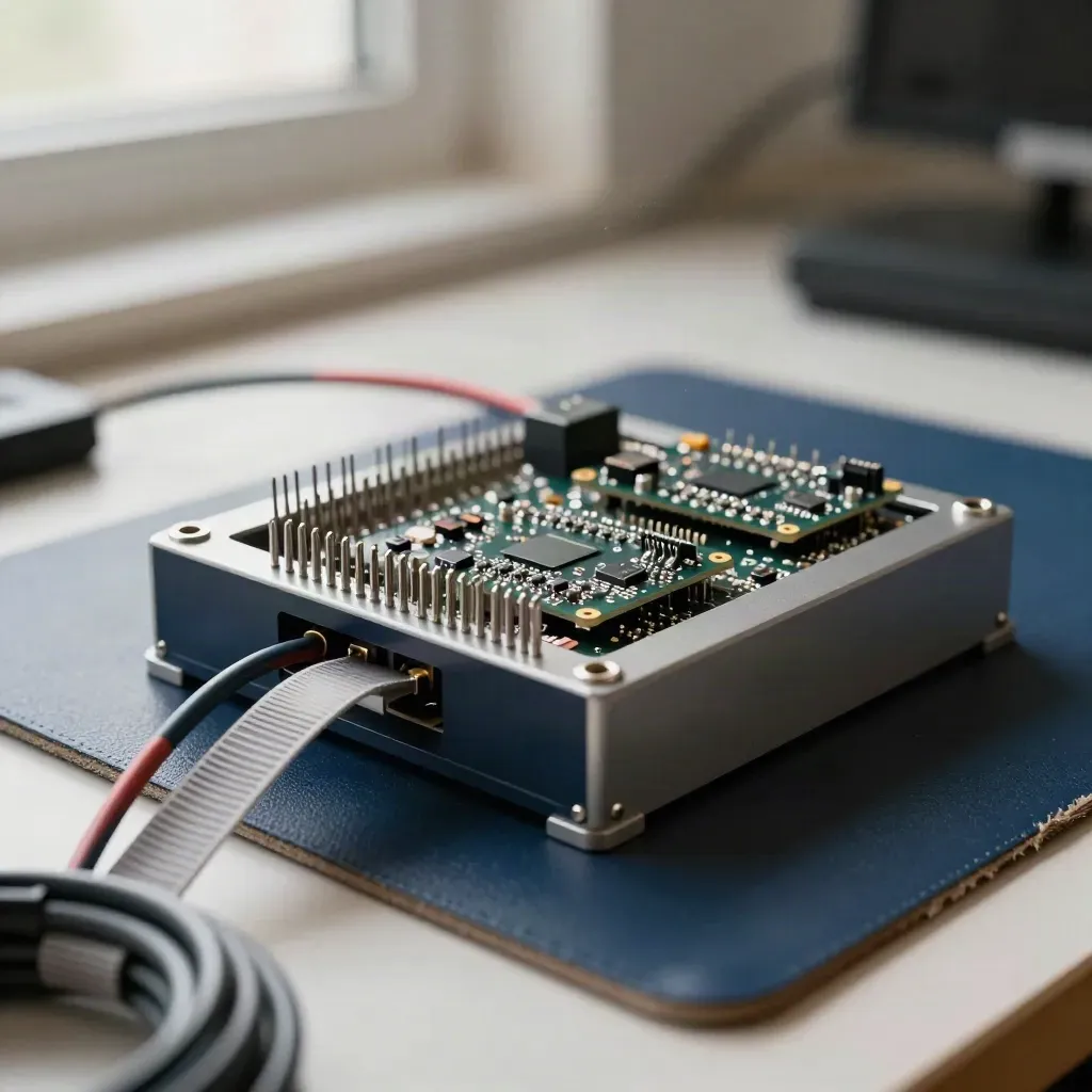 Macro of microcontroller boards, test fixture, ribbon cables and a navy ESD mat edge