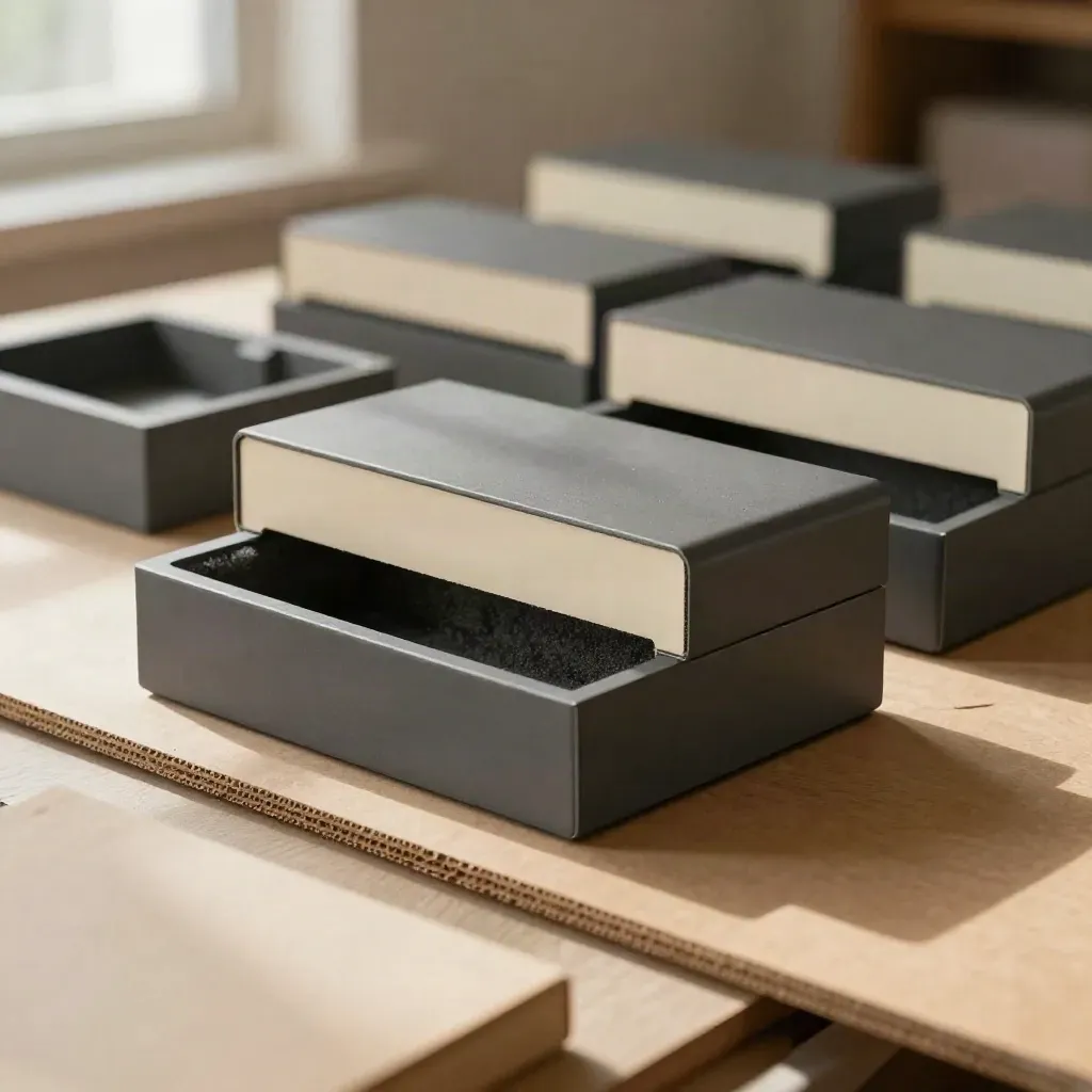 Sealed device housings, gasket strip, foam insert, and carton flap on a packing bench.