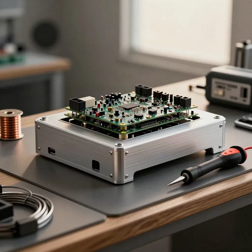 Prototype boards, solder spool, and logic probe case on a dim lab bench with warm side light.
