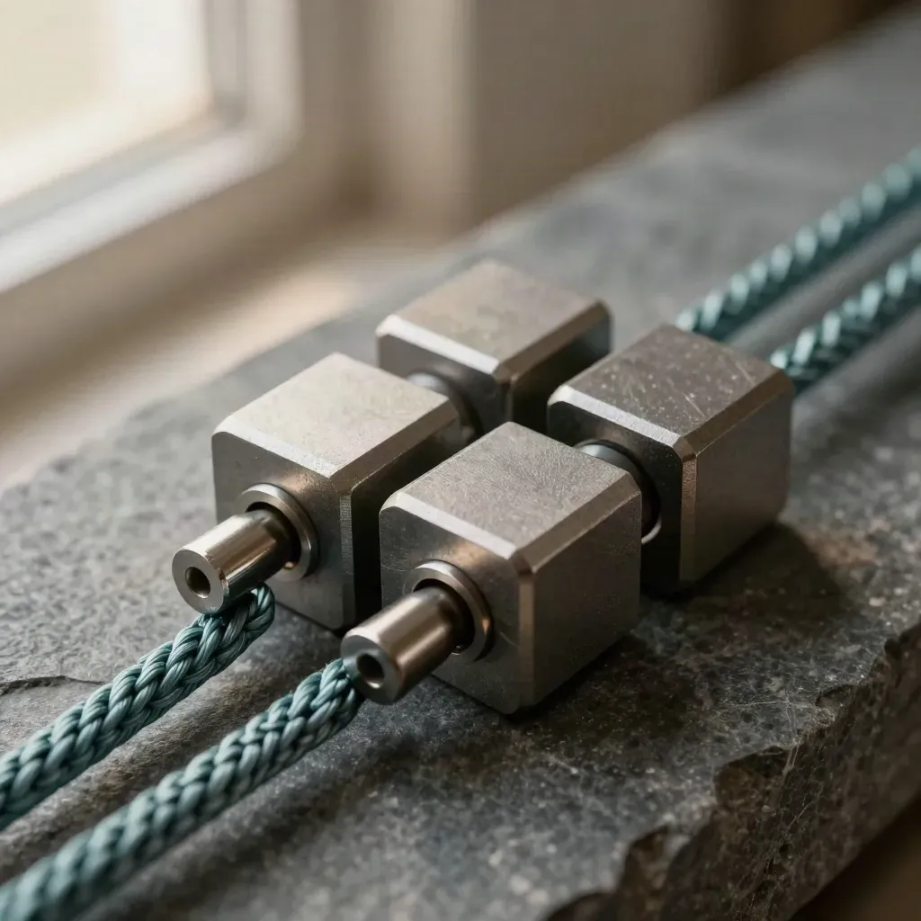 Macro of connector blocks, braided cable bridge, and alignment pins on charcoal stone.