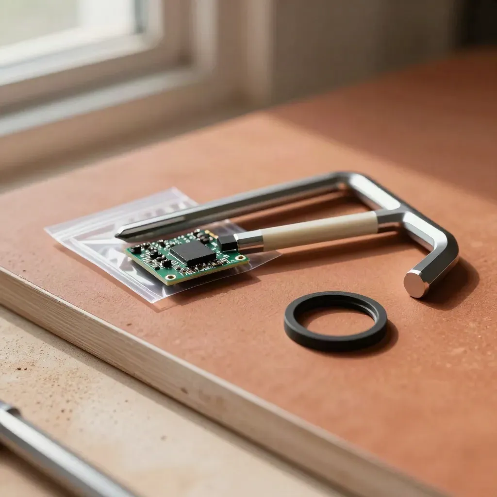 Hex keys, ferrule sleeves, sealed dev board and gasket ring on a terracotta work surface.