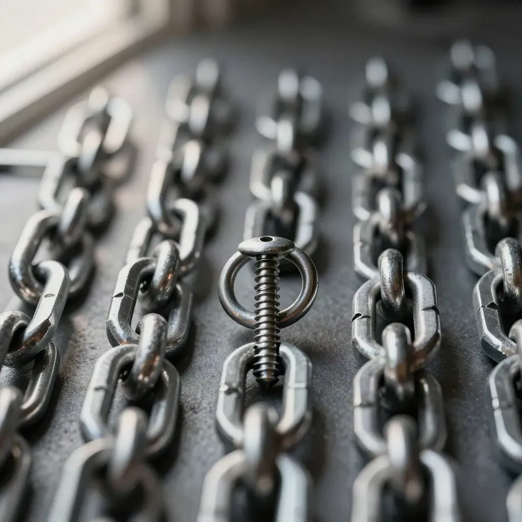 Macro flat lay of aluminum link blocks, split ring, and dowel pin on matte graphite.
