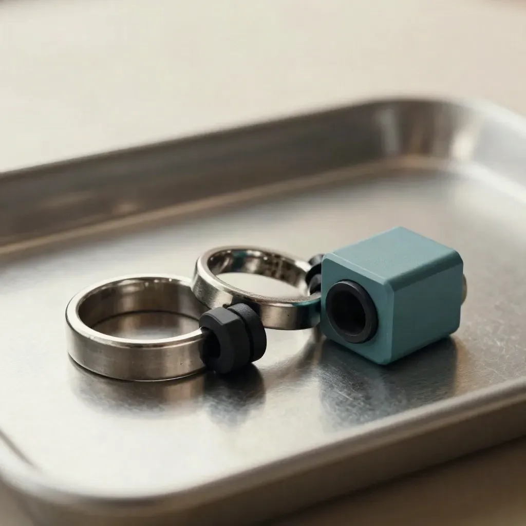 Stainless rings, rubber spacers and a connector cube on brushed metal under dramatic side light.