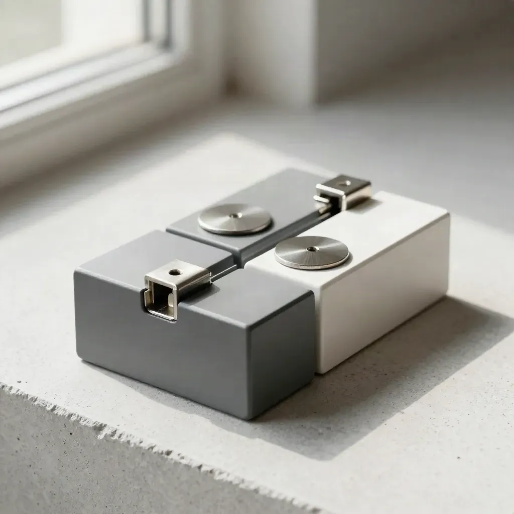 Modular blocks and magnetic discs on pale concrete with a brushed metal joiner in soft daylight.