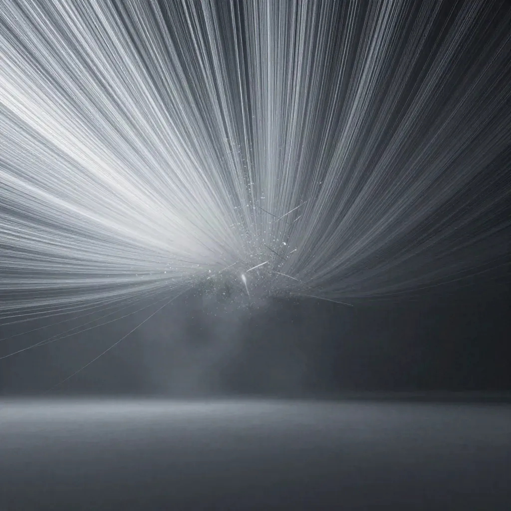 Silver filaments stream into a soft white bloom in deep graphite haze.