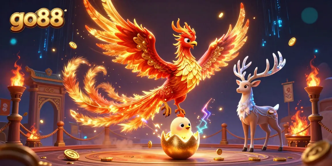 Experience go88 gaming thrills with a fiery phoenix and mystical stag in a vibrant casino setting.