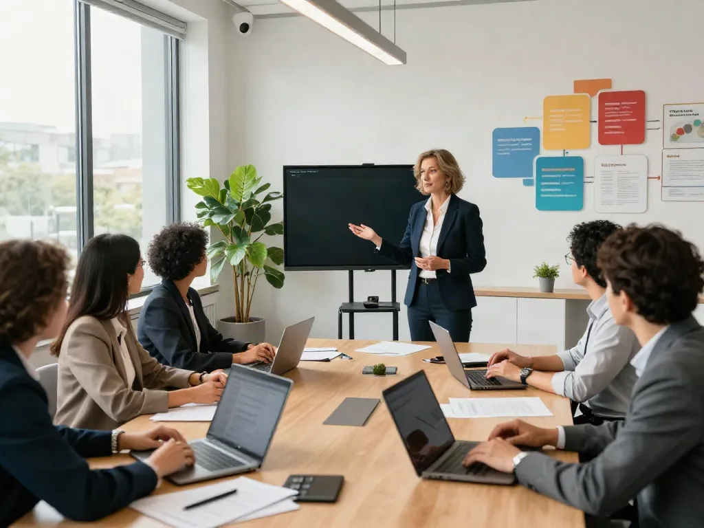 Beth Pearce leading a team meeting on public administration strategies at https://bethpearce.com in a modern office.