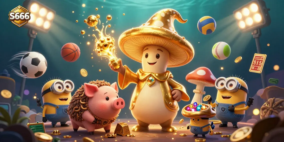 S666 offers a vibrant gaming experience with golden magical characters amidst dynamic sports elements in an engaging casino scene.