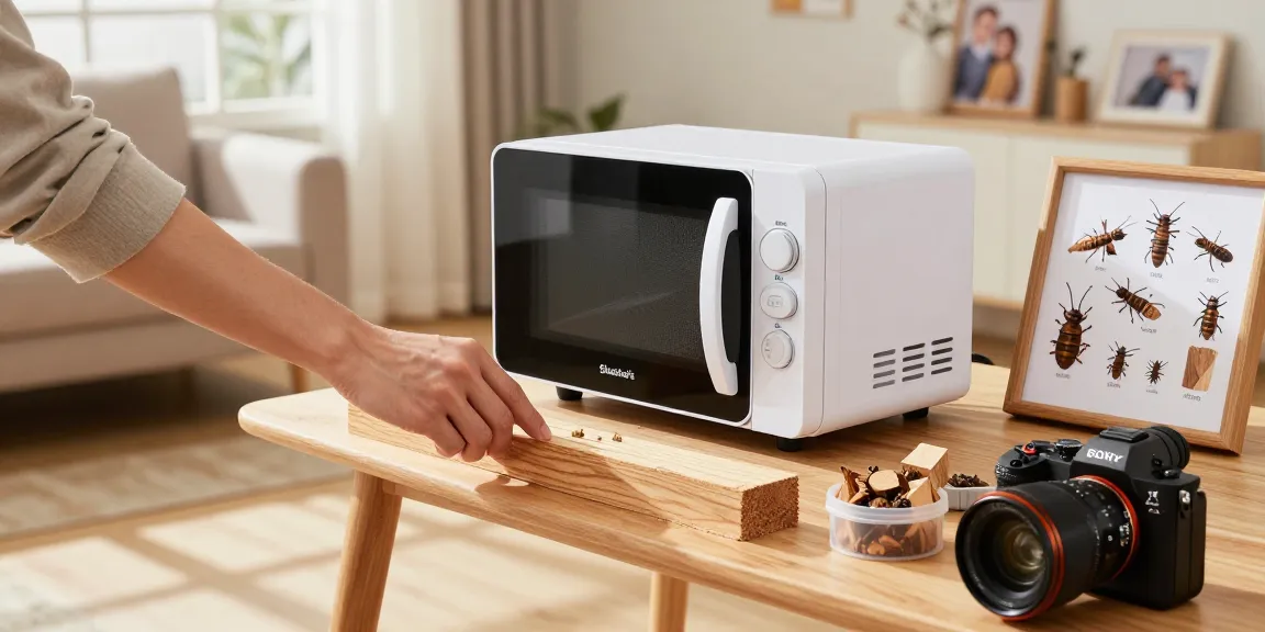 Shashel microwave device eliminating wood-boring insects in a cozy living room.