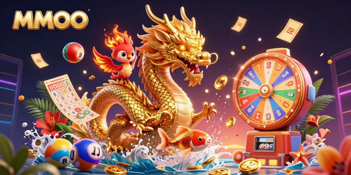 Engage in the excitement of MMOO with a vibrant 3D illustration of a dragon, phoenix, and koi fish paired with dynamic lottery elements.