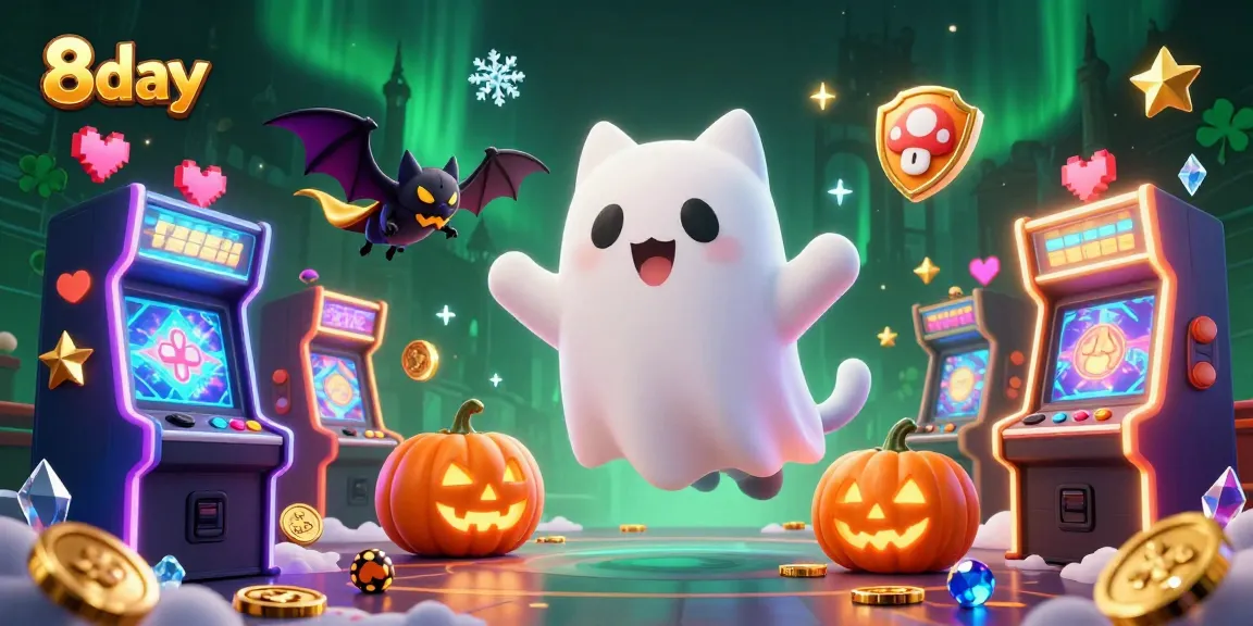 Experience the thrill of 8day with a friendly ghost cat and vampire bat in a haunted casino.