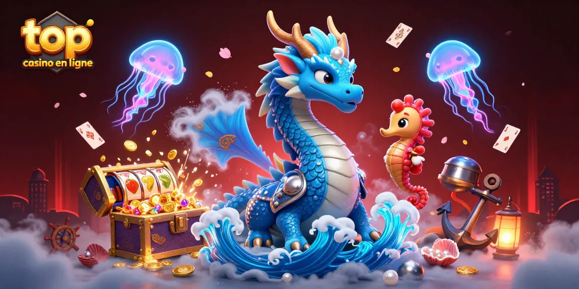 Découvrez le top casino en ligne avec un dragon azur, un chevalier hippocampe et des machines à sous. Illustration dynamique.