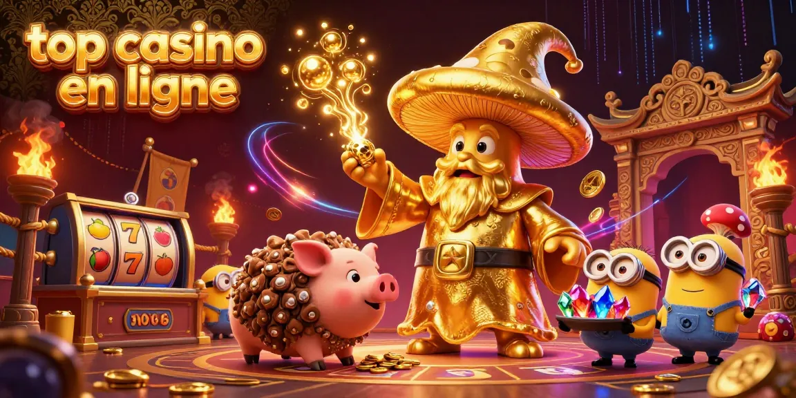 Jouer sur le top casino en ligne avec un magicien en champignon doré et des jetons éparpillés.