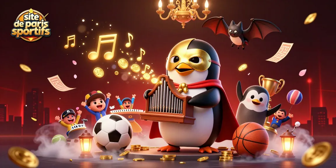 Illustration dynamique sur le site de paris sportifs, mettant en scène un pingouin fantôme et des éléments sportifs.