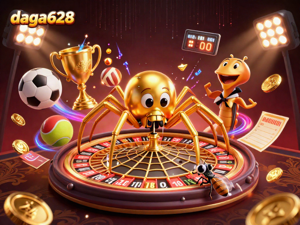 daga628 offers thrilling betting action with a cartoon spider and fly in an engaging casino scene.