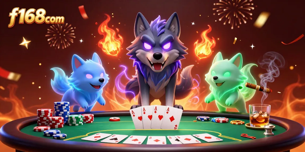 Experience the thrilling action of poker at f168com with a dynamic illustration featuring ghostly wolves and casino elements.