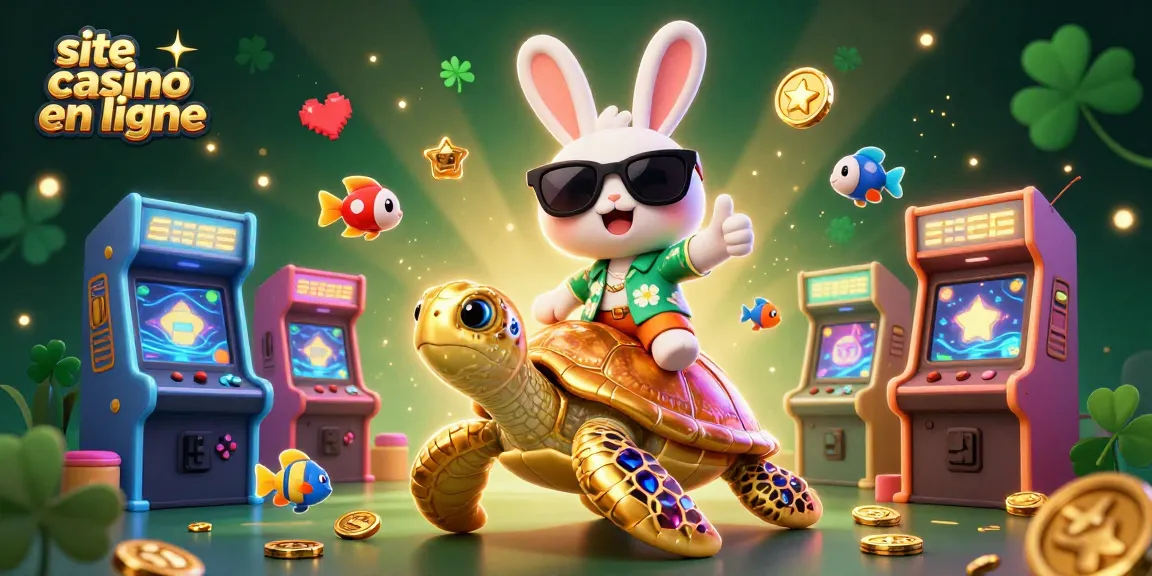Jouez sur un site casino en ligne avec un lapin chanceux et une tortue dorée entourés de jeux colorés.
