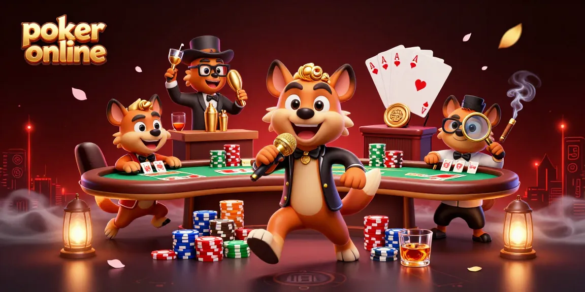 Jouer au poker en ligne avec des hyènes dans un club de casino dynamique, entouré de jetons et de cartes.