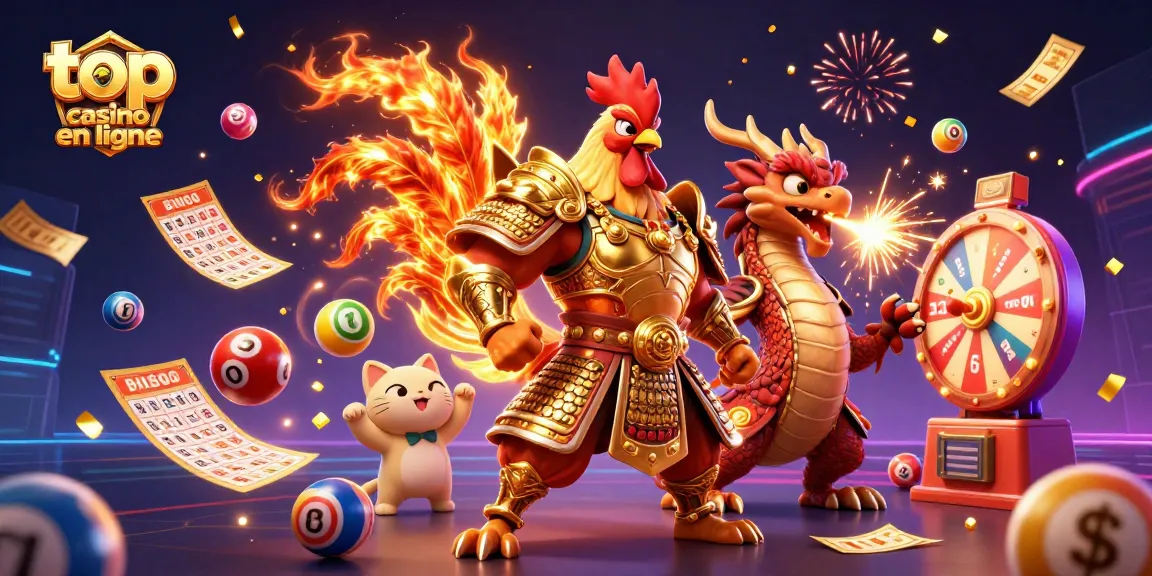 Gagnez avec le top casino en ligne grâce à des personnages animés et des éléments du jeu, lors d'une animation festive.