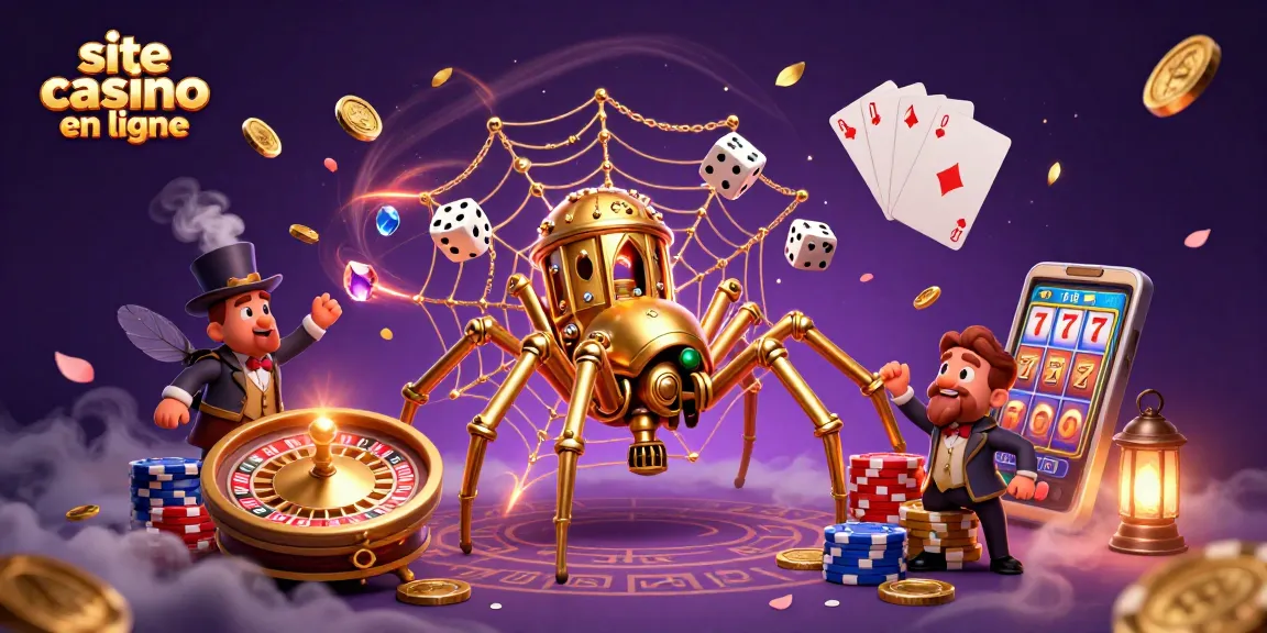 Découvrez un site de casino en ligne avec une illustration captivante de jeux de hasard et de gains excitants.