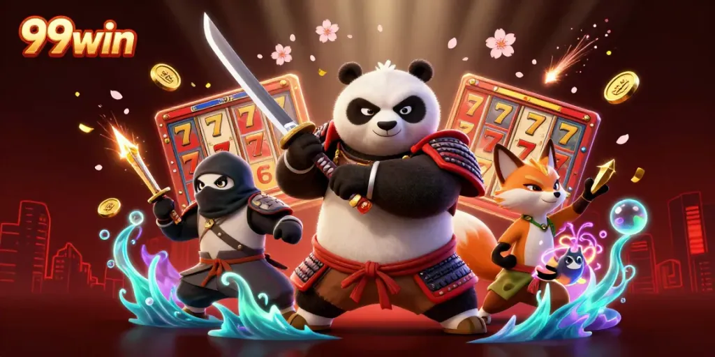 Experience thrilling wins with 99win's vibrant slots and dynamic characters in a colorful casino scene.